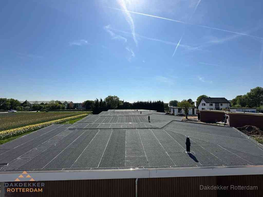 Groot plat dak met bitumen dakbedekking op bedrijfspand in Rotterdam